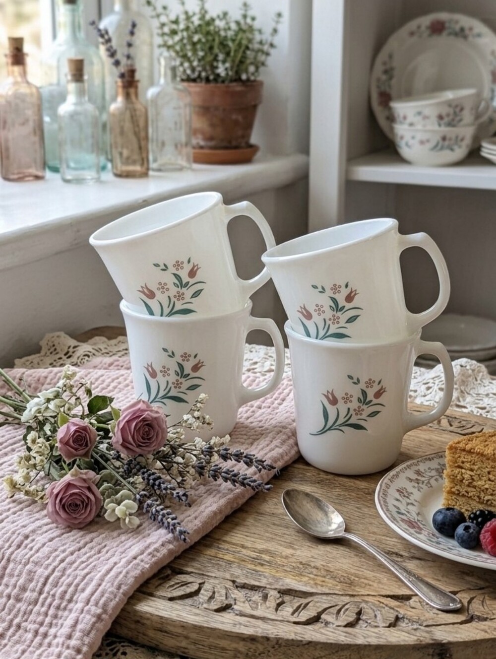 Corning Ware Pyroceram Floral Mugs – Set of 4 – Vintage Opal Glass – 1970s